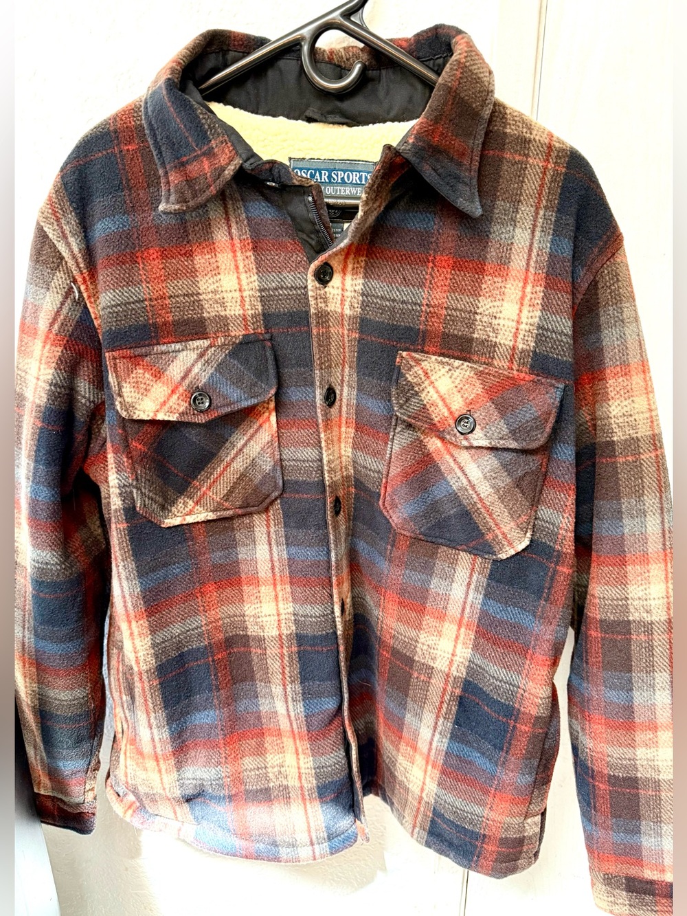 Oscar Sports New Men’s Orange & Black Plaid Sherpa-Lined Jacket Size Medium